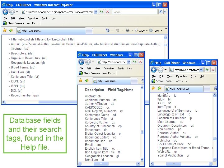 Database fields and their search tags, found in the Help file. 