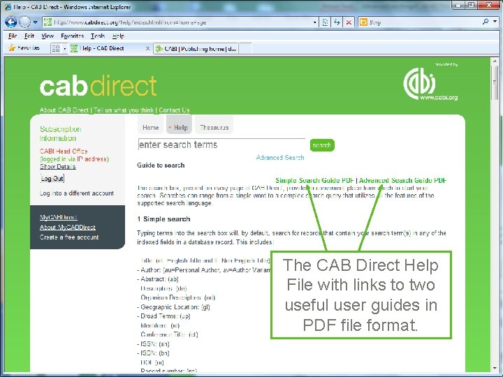 The CAB Direct Help File with links to two useful user guides in PDF