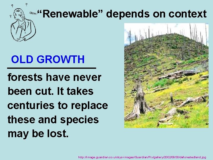 “Renewable” depends on context OLD GROWTH ________ forests have never been cut. It takes