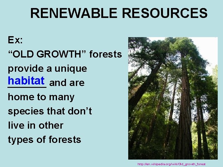 RENEWABLE RESOURCES Ex: “OLD GROWTH” forests provide a unique habitat _______ and are home