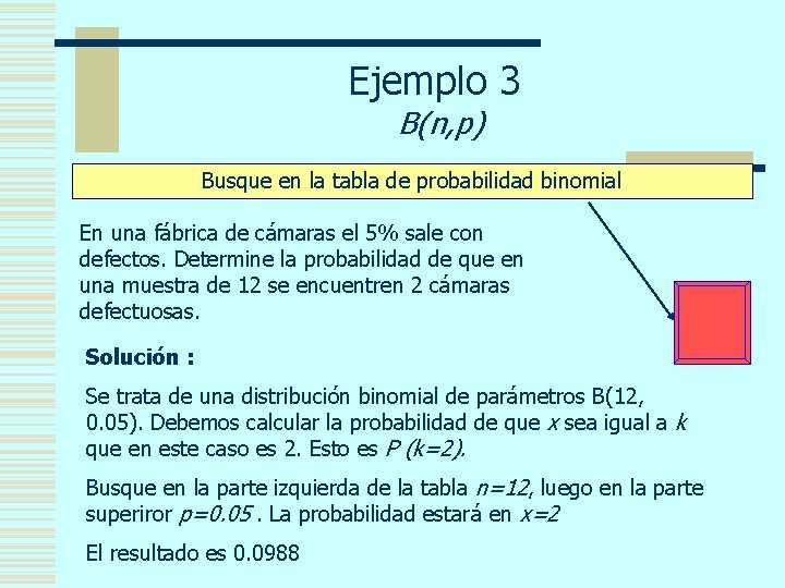 Ejemplo 3 B(n, p) Busque en la tabla de probabilidad binomial En una fábrica