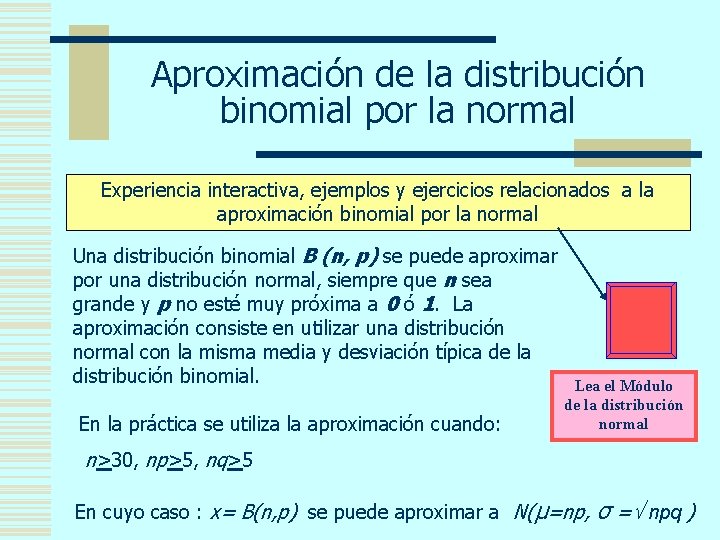 Aproximación de la distribución binomial por la normal Experiencia interactiva, ejemplos y ejercicios relacionados