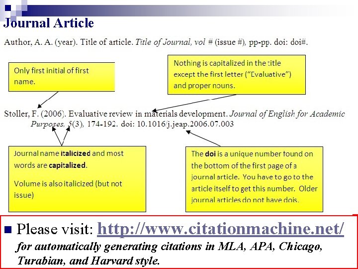 Journal Article n Please visit: http: //www. citationmachine. net/ for automatically generating citations in