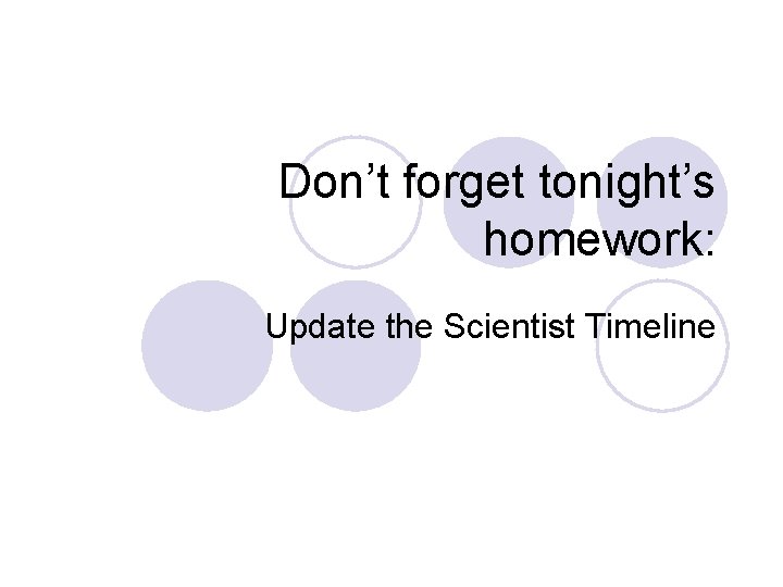 Don’t forget tonight’s homework: Update the Scientist Timeline 