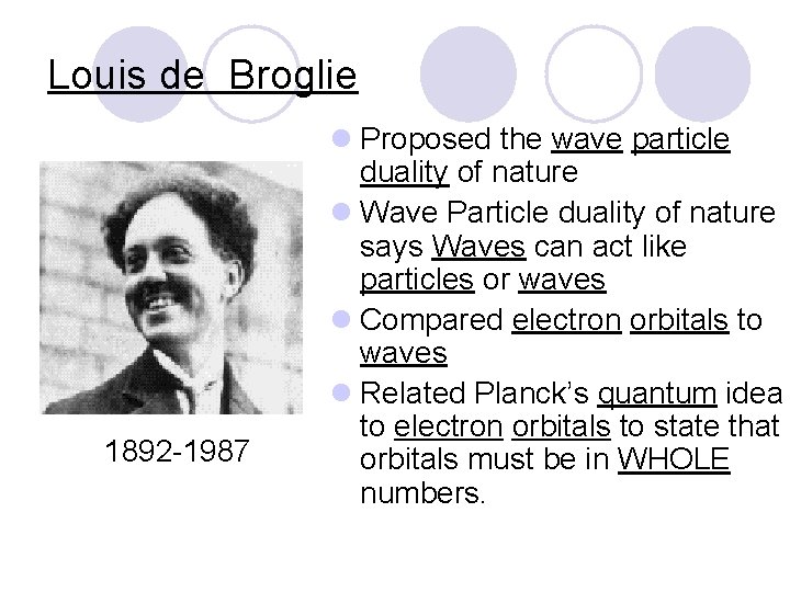Louis de Broglie 1892 -1987 l Proposed the wave particle duality of nature l