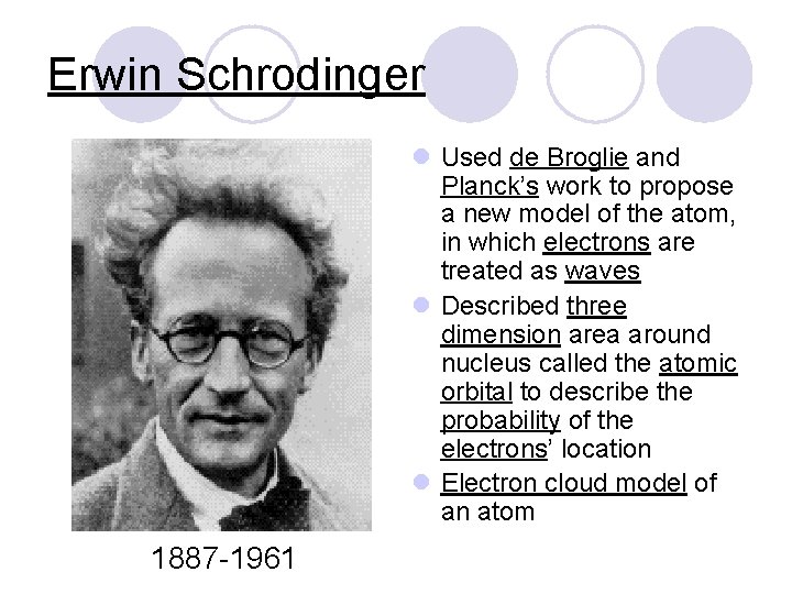 Erwin Schrodinger l Used de Broglie and Planck’s work to propose a new model