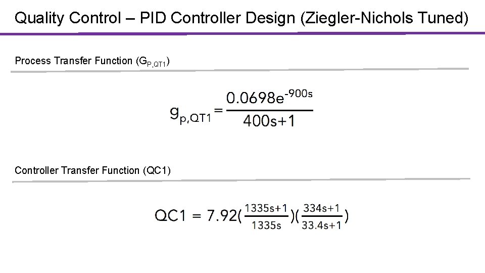 Quality Control – PID Controller Design (Ziegler-Nichols Tuned) Process Transfer Function (GP, QT 1)