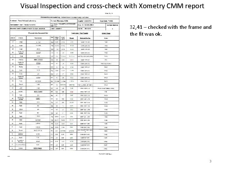 Visual Inspection and cross-check with Xometry CMM report 32, 41 – checked with the