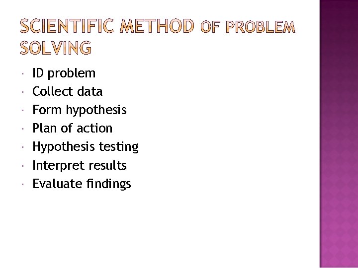  ID problem Collect data Form hypothesis Plan of action Hypothesis testing Interpret results