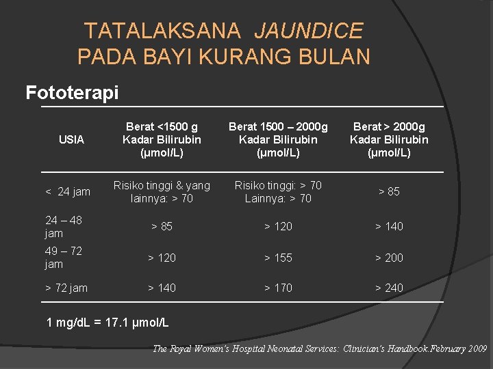 TATALAKSANA JAUNDICE PADA BAYI KURANG BULAN Fototerapi Berat <1500 g Kadar Bilirubin (μmol/L) Berat