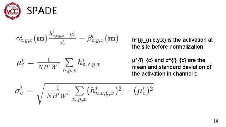 SPADE h^{i}_{n, c, y, x} is the activation at the site before normalization µ^{i}_{c}