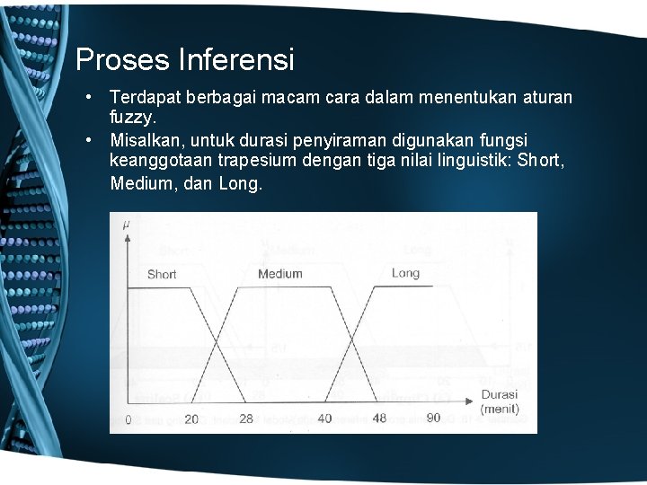 Proses Inferensi • Terdapat berbagai macam cara dalam menentukan aturan fuzzy. • Misalkan, untuk