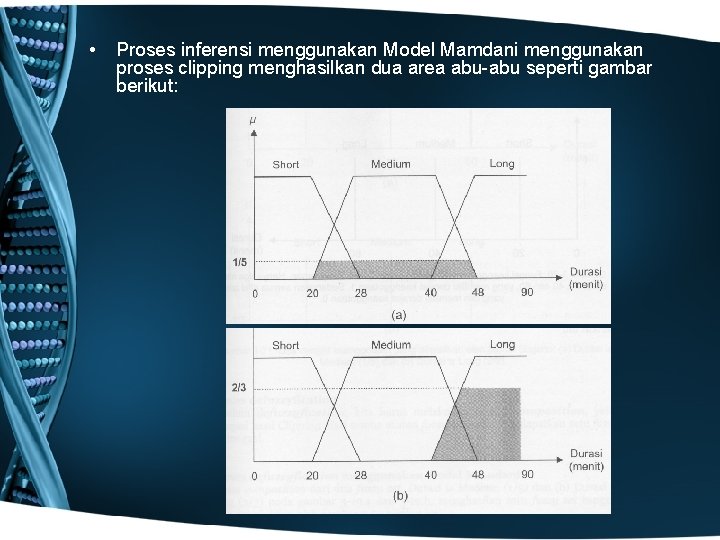  • Proses inferensi menggunakan Model Mamdani menggunakan proses clipping menghasilkan dua area abu-abu