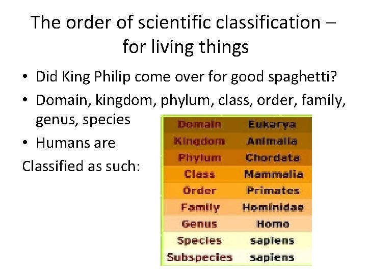 The order of scientific classification – for living things • Did King Philip come