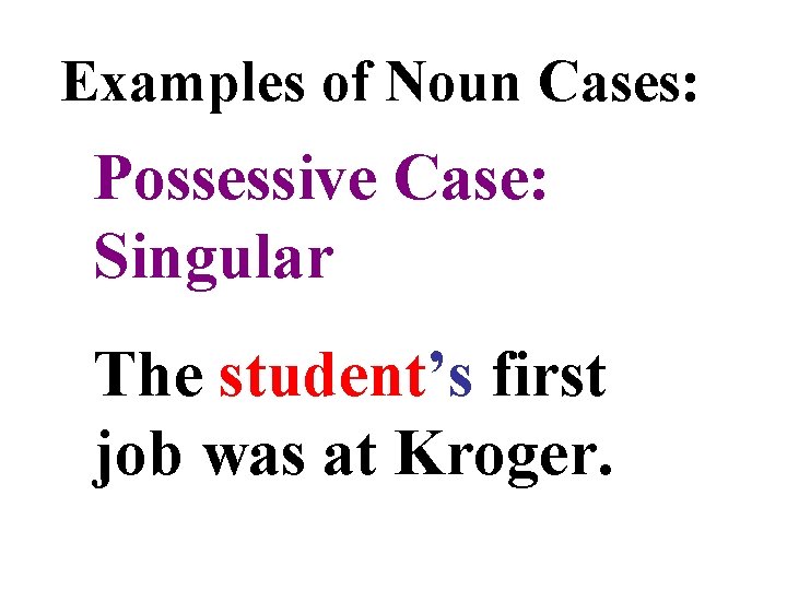 Examples of Noun Cases: Possessive Case: Singular The student’s first job was at Kroger.