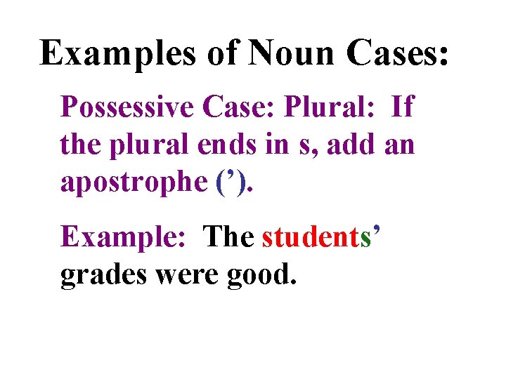 Examples of Noun Cases: Possessive Case: Plural: If the plural ends in s, add