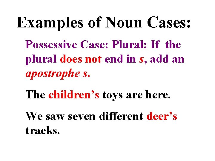 Examples of Noun Cases: Possessive Case: Plural: If the plural does not end in