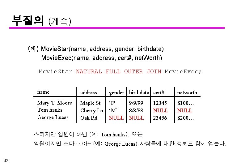 부질의 (계속) (예) Movie. Star(name, address, gender, birthdate) Movie. Exec(name, address, cert#, net. Worth)