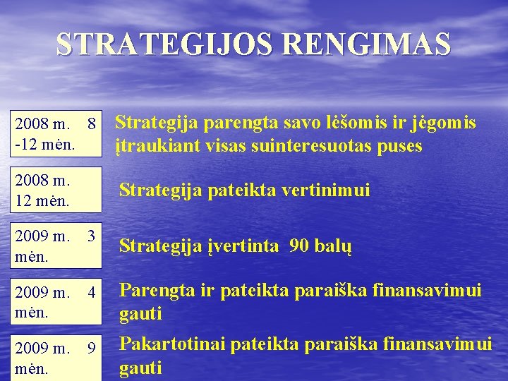 STRATEGIJOS RENGIMAS 2008 m. 8 -12 mėn. Strategija parengta savo lėšomis ir jėgomis įtraukiant