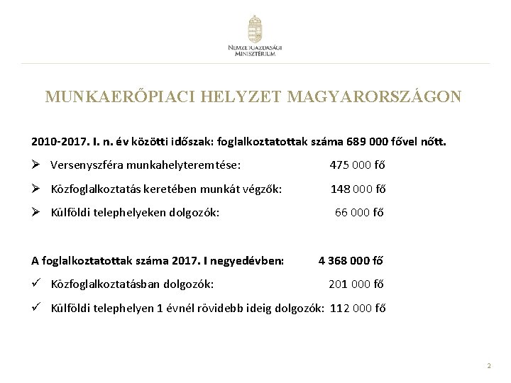 MUNKAERŐPIACI HELYZET MAGYARORSZÁGON 2010 -2017. I. n. év közötti időszak: foglalkoztatottak száma 689 000