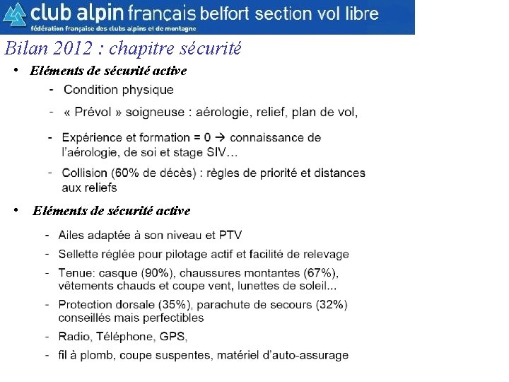 CAF Belfort Section Parapente Bilan 2012 : chapitre sécurité • Eléments de sécurité active