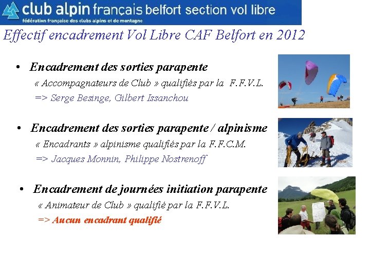 CAF Belfort Section Vol Libre Effectif encadrement Vol Libre CAF Belfort en 2012 •