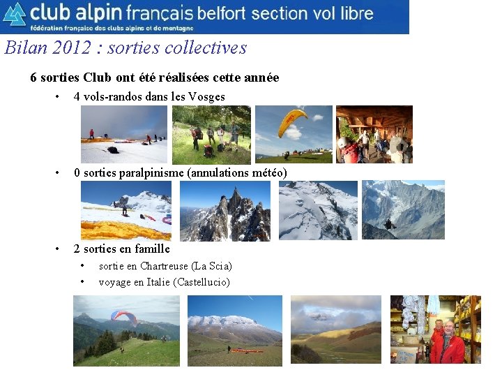 CAF Belfort Section Parapente Bilan 2012 : sorties collectives 6 sorties Club ont été