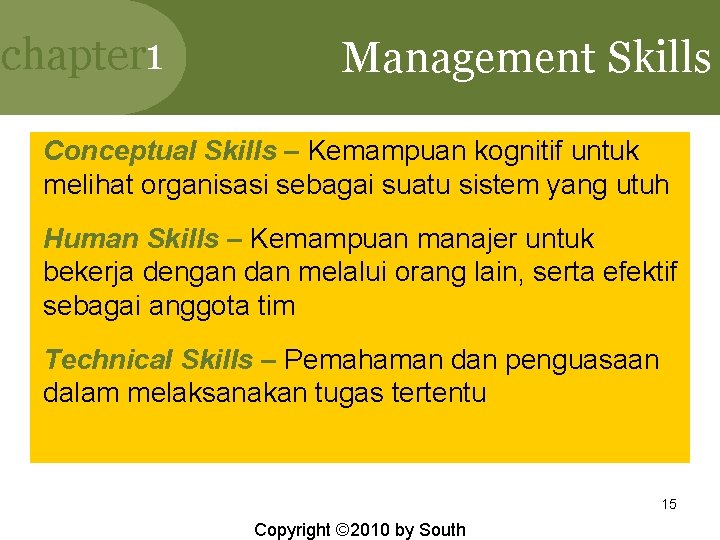 chapter 1 Management Skills Conceptual Skills – Kemampuan kognitif untuk melihat organisasi sebagai suatu