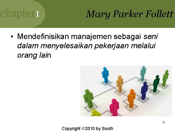 chapter 1 Mary Parker Follett • Mendefinisikan manajemen sebagai seni dalam menyelesaikan pekerjaan melalui