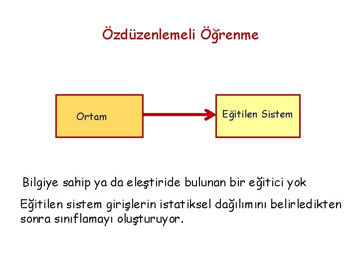 Özdüzenlemeli Öğrenme Ortam Eğitilen Sistem Bilgiye sahip ya da eleştiride bulunan bir eğitici yok