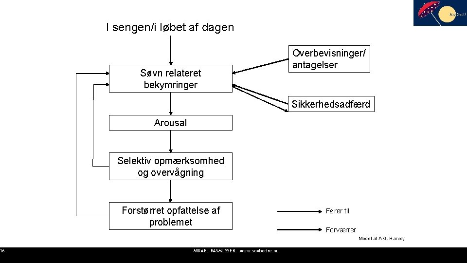 16 I sengen/i løbet af dagen Søvn relateret bekymringer Overbevisninger/ antagelser Sikkerhedsadfærd Arousal Selektiv