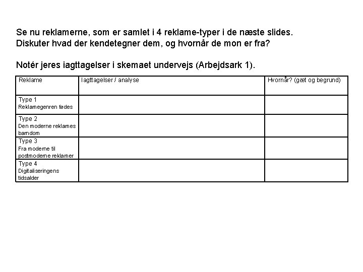 Se nu reklamerne, som er samlet i 4 reklame-typer i de næste slides. Diskuter