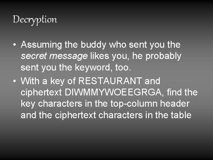 Decryption • Assuming the buddy who sent you the secret message likes you, he Decryption • Assuming the buddy who sent you the secret message likes you, he