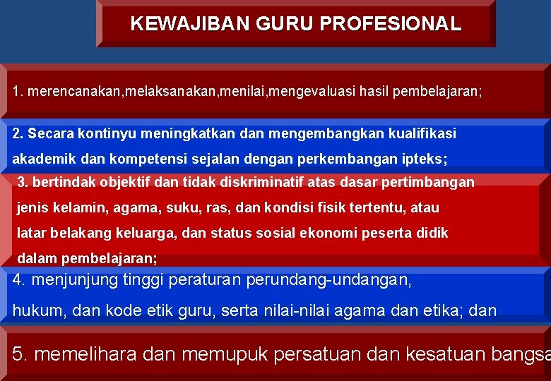 KEWAJIBAN GURU PROFESIONAL 1. merencanakan, melaksanakan, menilai, mengevaluasi hasil pembelajaran; 2. Secara kontinyu meningkatkan