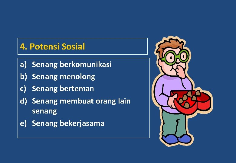 4. Potensi Sosial a) b) c) d) Senang berkomunikasi Senang menolong Senang berteman Senang