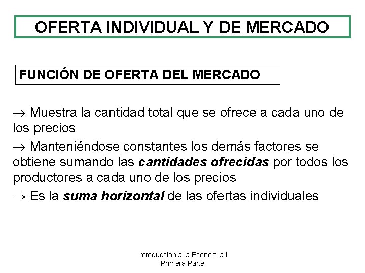 OFERTA INDIVIDUAL Y DE MERCADO FUNCIÓN DE OFERTA DEL MERCADO Muestra la cantidad total