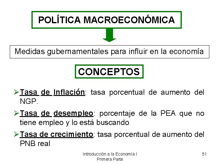 POLÍTICA MACROECONÓMICA Medidas gubernamentales para influir en la economía CONCEPTOS ØTasa de Inflación: tasa