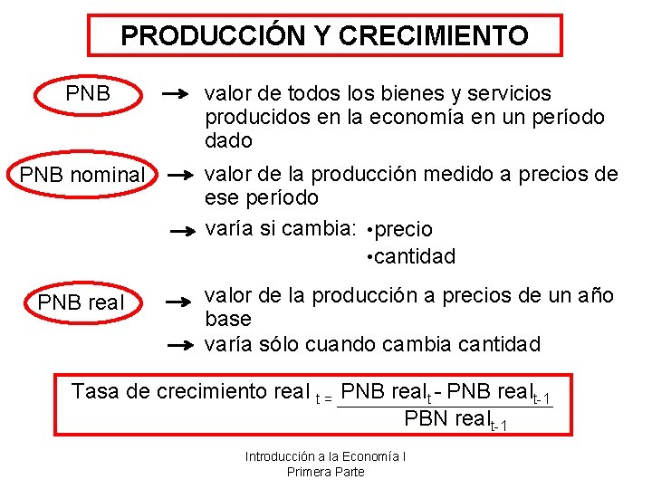 PRODUCCIÓN Y CRECIMIENTO PNB valor de todos los bienes y servicios producidos en la