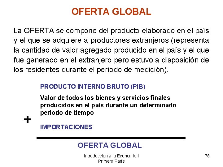 OFERTA GLOBAL La OFERTA se compone del producto elaborado en el país y el