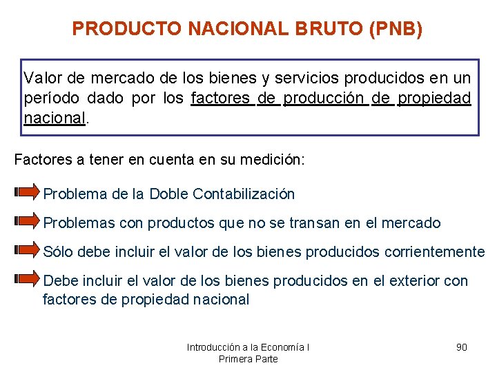 PRODUCTO NACIONAL BRUTO (PNB) Valor de mercado de los bienes y servicios producidos en