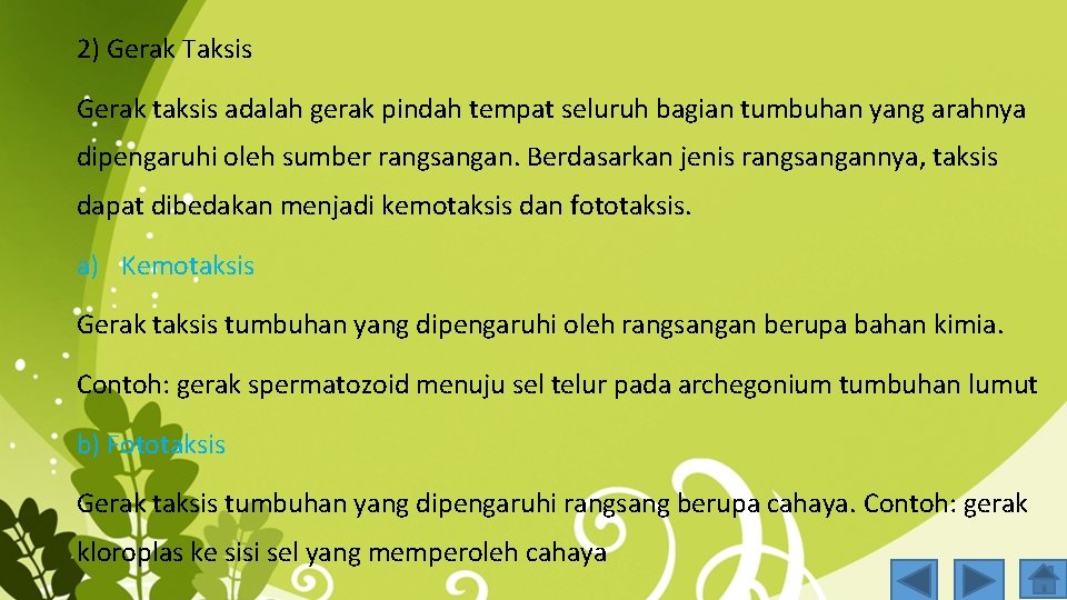 2) Gerak Taksis Gerak taksis adalah gerak pindah tempat seluruh bagian tumbuhan yang arahnya