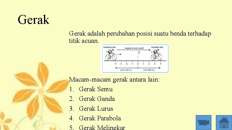 Gerak adalah perubahan posisi suatu benda terhadap titik acuan. Macam-macam gerak antara lain: 1.