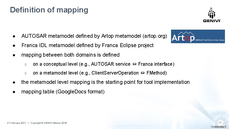 Definition of mapping ● AUTOSAR metamodel defined by Artop metamodel (artop. org) ● Franca