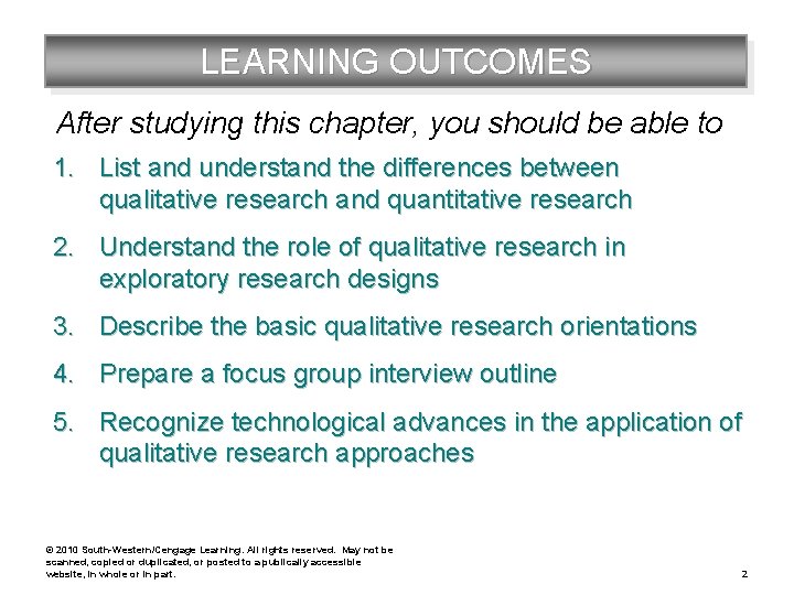 LEARNING OUTCOMES After studying this chapter, you should be able to 1. List and