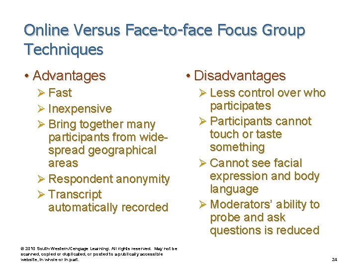 Online Versus Face-to-face Focus Group Techniques • Advantages Ø Fast Ø Inexpensive Ø Bring