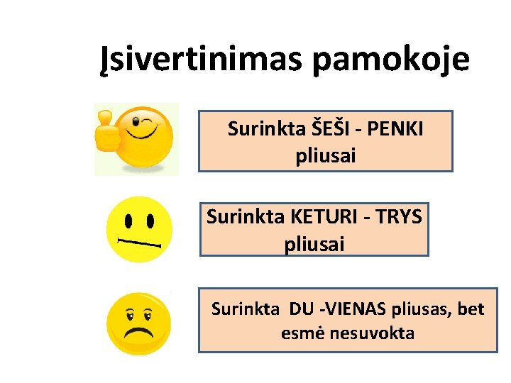 Įsivertinimas pamokoje Surinkta ŠEŠI - PENKI pliusai Surinkta KETURI - TRYS pliusai Surinkta DU