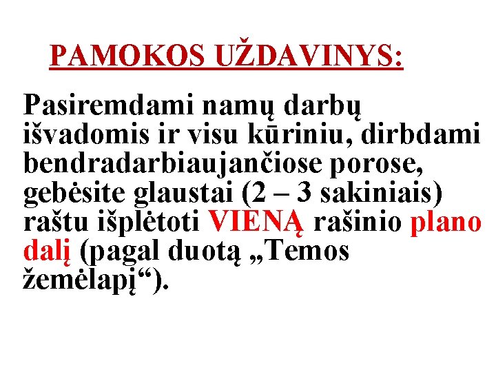 PAMOKOS UŽDAVINYS: Pasiremdami namų darbų išvadomis ir visu kūriniu, dirbdami bendradarbiaujančiose porose, gebėsite glaustai