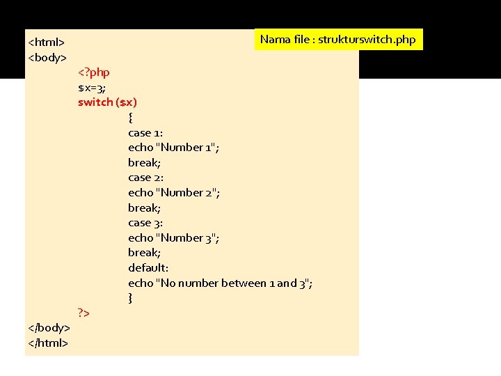 <html> <body> </html> Nama file : strukturswitch. php <? php $x=3; switch ($x) {