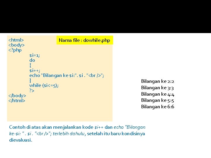 <html> <body> <? php </body> </html> Nama file : dowhile. php $i=1; do {