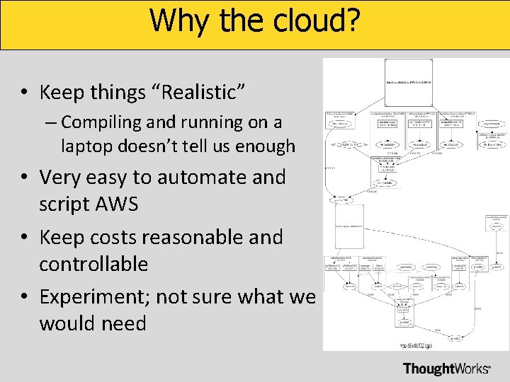 Why the cloud? • Keep things “Realistic” – Compiling and running on a laptop